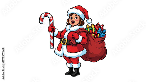Mrs. Santa Claus with Gift bag: A cheerful illustration of Mrs. Santa Claus, radiating festive warmth and generosity. She holds a candy cane, with her gift-filled sack.