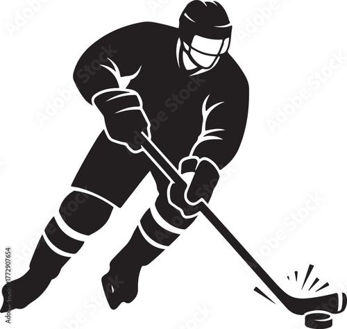 Dynamic hockey player silhouette skating with puck action graphic ice hockey sport