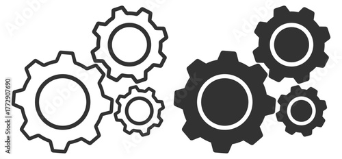 Gear mechanism icons set. Engineering and system configuration symbols on transparent background