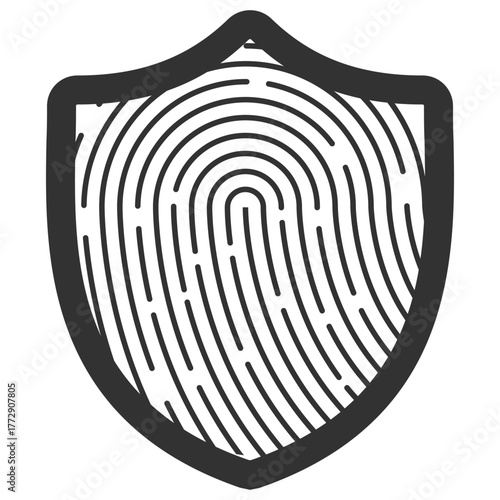 Fingerprint security icon. Biometric identification shield symbol on transparent background
