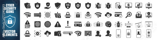 Cyber security icon set. Data protection, privacy, password, antivirus, firewall, spam, phishing and hacker symbols. Vector illustration on transparent background