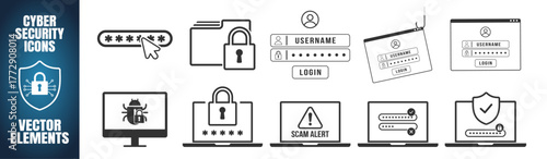 Login security icons set. Password protection and phishing alert vector elements on transparent background