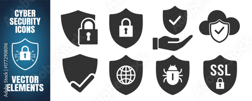 Security shield icons set. Data protection and online safety vector elements on transparent background