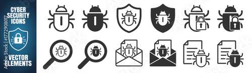 Antivirus icons set. Bug detection and malware protection vector elements on transparent background