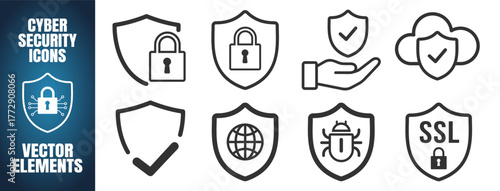Security shield icons set. Data protection and online safety vector elements on transparent background