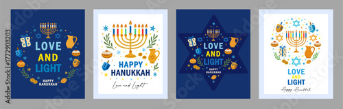 Love and Light, Happy Hanukkah creative greeting cards set 2025. Vector posters design for the Festival of Lights