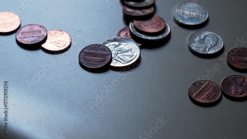Close-up of American coins and currency being tossed onto a countertop (slow motion)