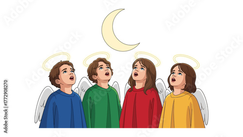 Harmony Beneath the Crescent: Four young singers, adorned with halos and angelic wings, serenade beneath a softly glowing crescent moon, weaving a tapestry of pure, ethereal voices.