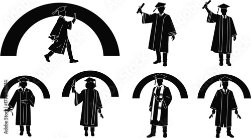 Graduation ceremony silhouettes of students holding diplomas, academic success and education celebration, achievement illustration in black and white vector design for learning themes