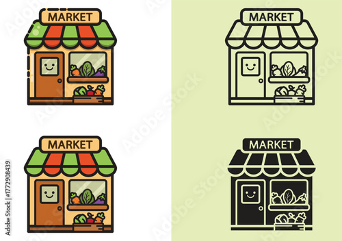 Cartoon vector illustration of a vegetable Shop. Includes colorful, outline, and solid versions. Perfect for food, grocery, organic, and farming designs.