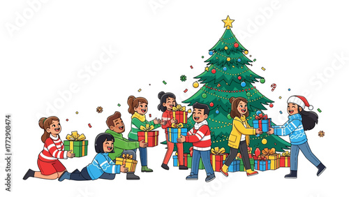 Festive gift-giving: A group of friends and family exchanging beautifully wrapped presents around a decorated Christmas tree, spreading cheer.