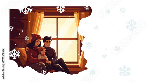 Cozy Winter Moment: A family huddles together by a window, enveloped in the warmth of home as snowflakes dance in the frosty winter air. 