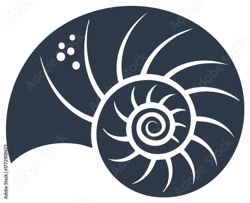 Stylized nautilus shell silhouette vector illustration with golden ratio spiral pattern and marine elegance