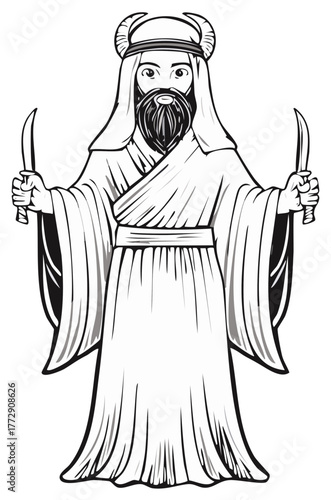 Ancient Prophet with Horns and Swords Ready for Ceremony