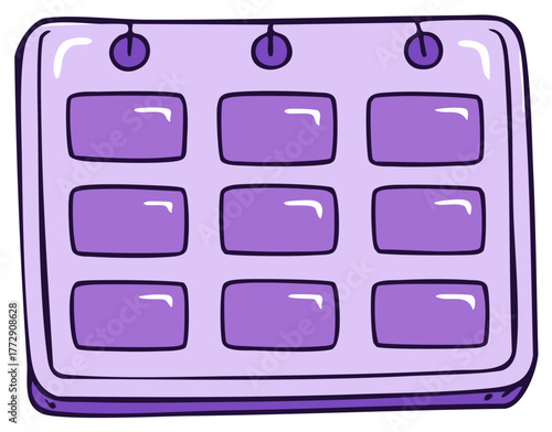 Illustration of a purple calendar with boxes hanging by pins, an event scheduler or planner for time management.