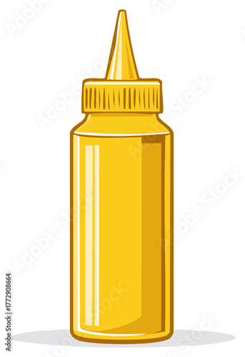 Illustration of condiment container filled with mustard ready to squeeze for food preparation, cooking, lunch, picnics or barbecues.