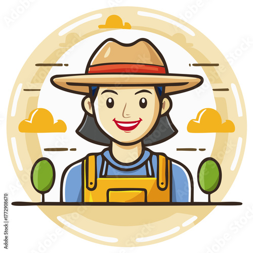 Friendly Farmer Illustration with Clouds and Trees