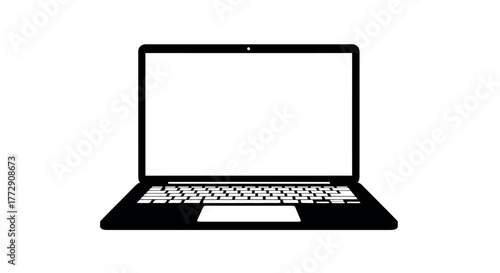 A modern, sleek black laptop computer is open and displayed from a front-on perspective with a blank white screen, ready for use.