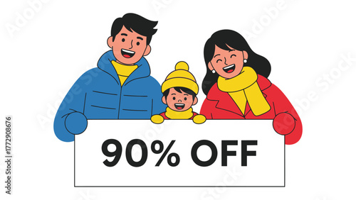 Winter Family Deal: A cheerful family bundled in winter attire holds up a sign promoting a generous 90% discount, embodying warmth and savings during the cold season.