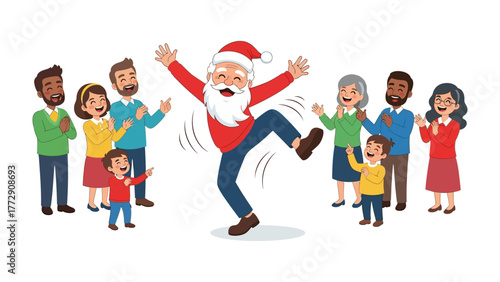 Joyful Celebration of Holiday: Festive scene captures Santa Claus dancing joyfully amid a diverse group of people, creating a heartwarming atmosphere. A moment of holiday happiness.