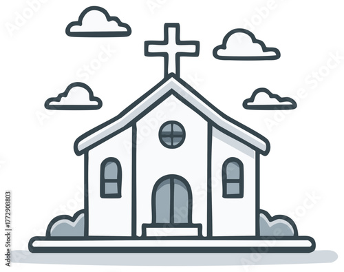 Simple doodle style illustration of a Christian church building with a cross and clouds