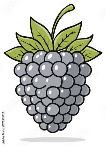 Stylized grey blackberry cluster with green leaves and stem