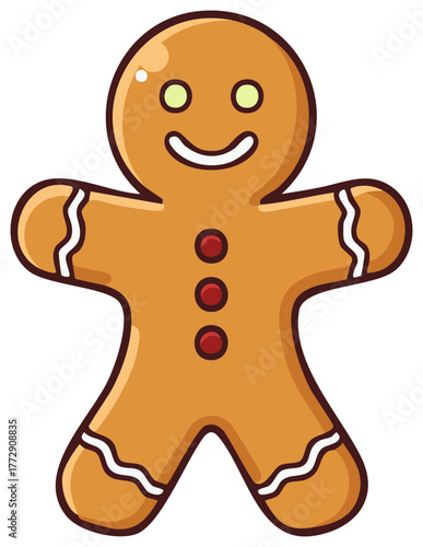 Gingerbread man illustration with red button details and white icing design, holiday baking and treat concept