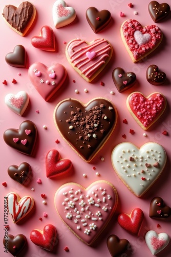 Assortment of heart shaped chocolates and cookies for valentines day