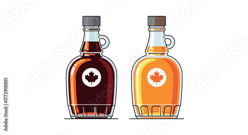 Two glass bottles of maple syrup, one dark amber and one golden, are displayed side-by-side, each featuring a prominent maple leaf emblem on its label.