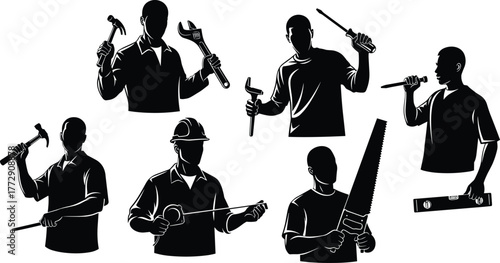 Construction workers using tools, handyman repair and maintenance concept, builders holding hammer wrench saw level, black silhouette cad drawing flat vector illustration