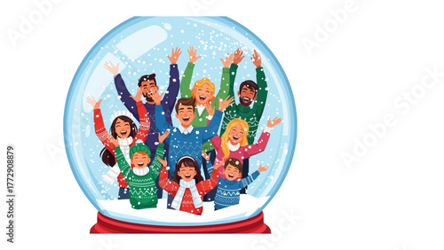 Enchanting Winter Wonderland: a cheerful illustration depicting a group of people inside a snow globe, embracing the winter season with joy and excitement. 