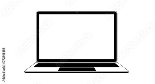A modern, open laptop computer displays a blank white screen, ready for use or display, isolated on a pure white background.