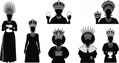 African queens wearing crowns and royal attire, cultural heritage and empowerment concept, black and white cad drawing flat vector illustration for fashion and art design