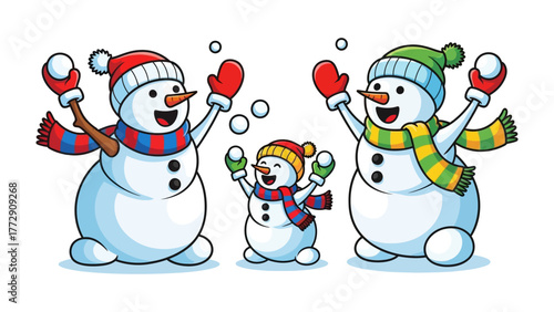 Winter Wonderland: A snowman family is engaging in a playful snowball fight, the frosty figures exuding joy in a snow-kissed winter scene.
