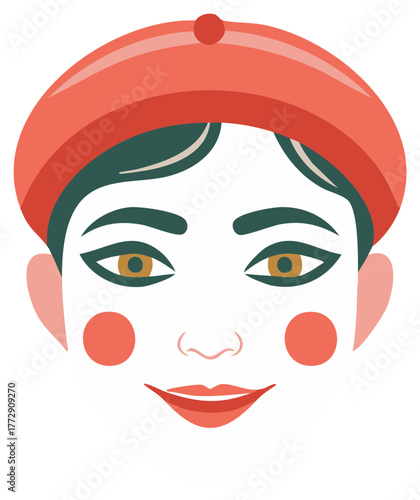 Stylized folk art illustration of a smiling person wearing a red beret with rosy cheeks