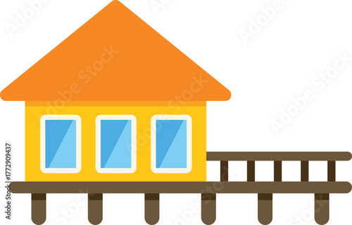 Yellow bungalow standing on a wooden pier, featuring an orange roof and blue windows, evoking a tranquil seaside retreat
