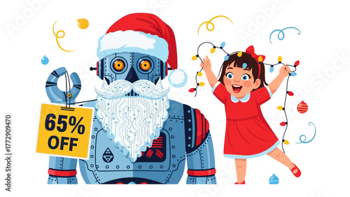  Festive Discount: A delightful blend of technology and holiday cheer, featuring a Santa-clad robot offering a generous discount alongside a joyful child adorning Christmas lights. 