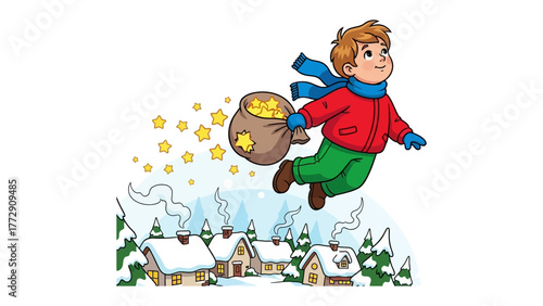 Magical Delivery: A young boy, joyfully floating through the air with a bag of sparkling stars, bringing cheer over snow-covered rooftops.