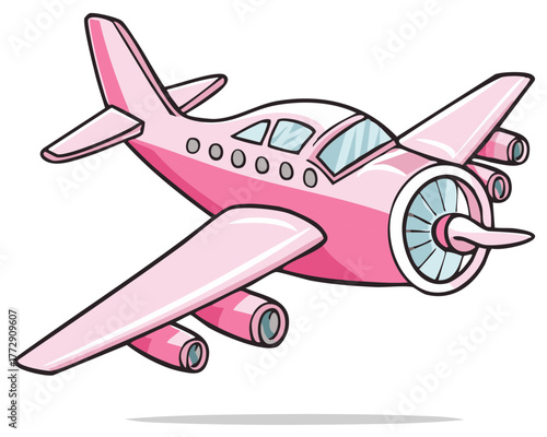 Charming pink cartoon airplane with twin engines and propeller flying through the sky