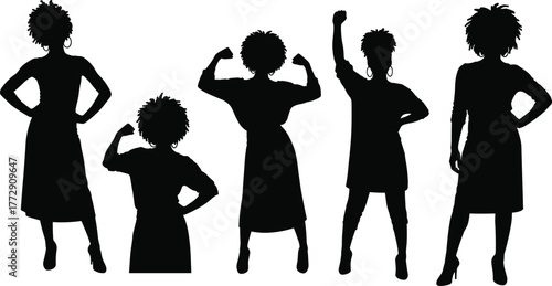 Strong confident women silhouettes posing with power gestures, feminism empowerment concept, black and white cad drawing flat vector illustration for design inspiration