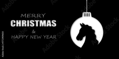 Christmas Black Card with Horse Silhouette Ornament on transparent Background