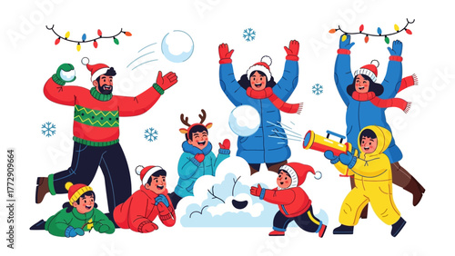 Joyful Winter Frolic: A lively group, bundled in winter attire, engages in a spirited snowball fight, their faces alight with delight amidst a festive atmosphere.