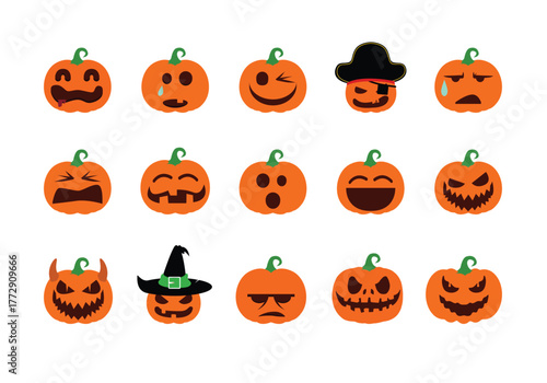 Pumpkin squash set for Halloween monster jack or Thanksgiving flat color icon, orange pumpkin 
carved glowing scary face set on a white background, Vector spooky 
illustration