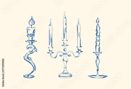 Hand drawn candle illustration. Vintage chandelier sketch. Candle clip art. Candle doodle. Line art, ink, minimalist style. Candles burning. Candelabra and candlestick. Ink sketch set isolated. Retro