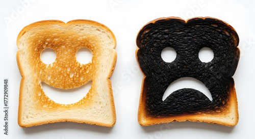 Two slices of toast, one perfectly golden with a cheerful smiley face cutout, the other burnt black with a sad frown, humorously contrasting good and bad outcomes in a minimalist, conceptual food art 