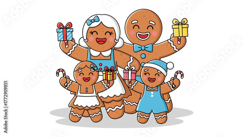 Gingerbread Family Portrait: A cheerful illustration of a gingerbread family, all smiles and holding gifts. It is a festive scene filled with love and warmth.