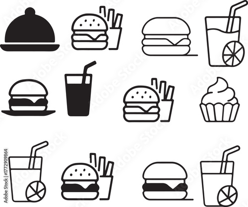 Isolated food icon set, restaurant meal drink snack symbols vector, editable four style minimal line outline filled design, culinary, dining, kitchen, food service icons buyers