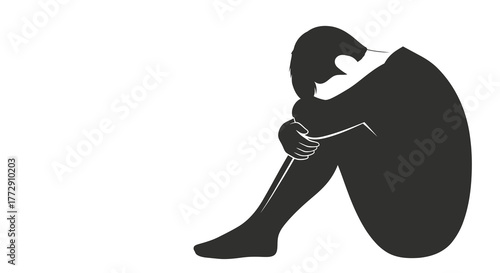Minimalist Silhouette of Sad Person Sitting with Head Down Illustration
