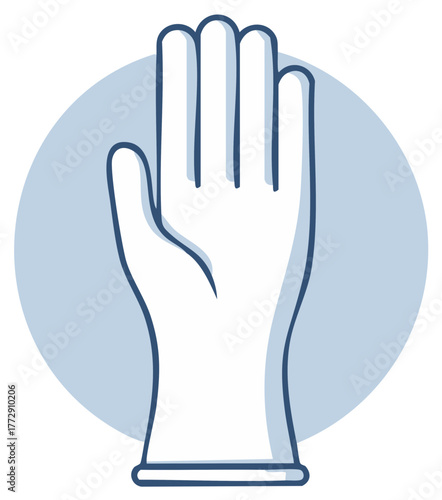Simple line art icon of a raised hand in a protective disposable glove