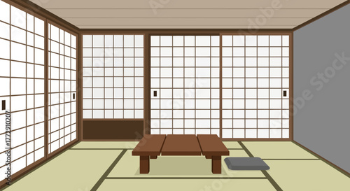Flat Illustration Simple Traditional Japanese Room Interior with Table and Tatami